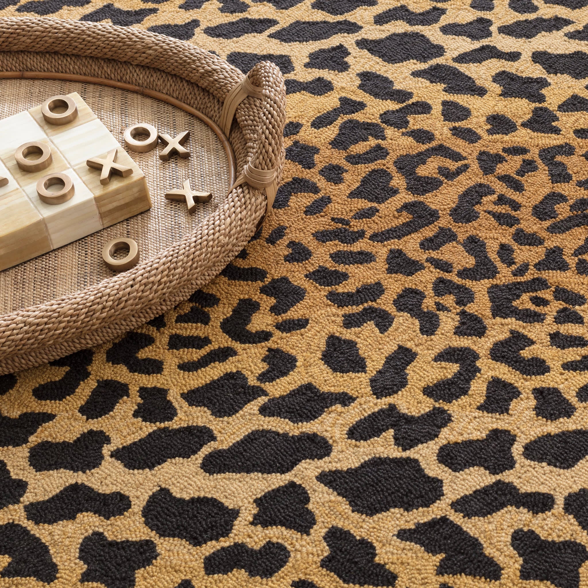 leopard hand micro hooked wool rug | brown leopard hand micro hooked wool rug | brown