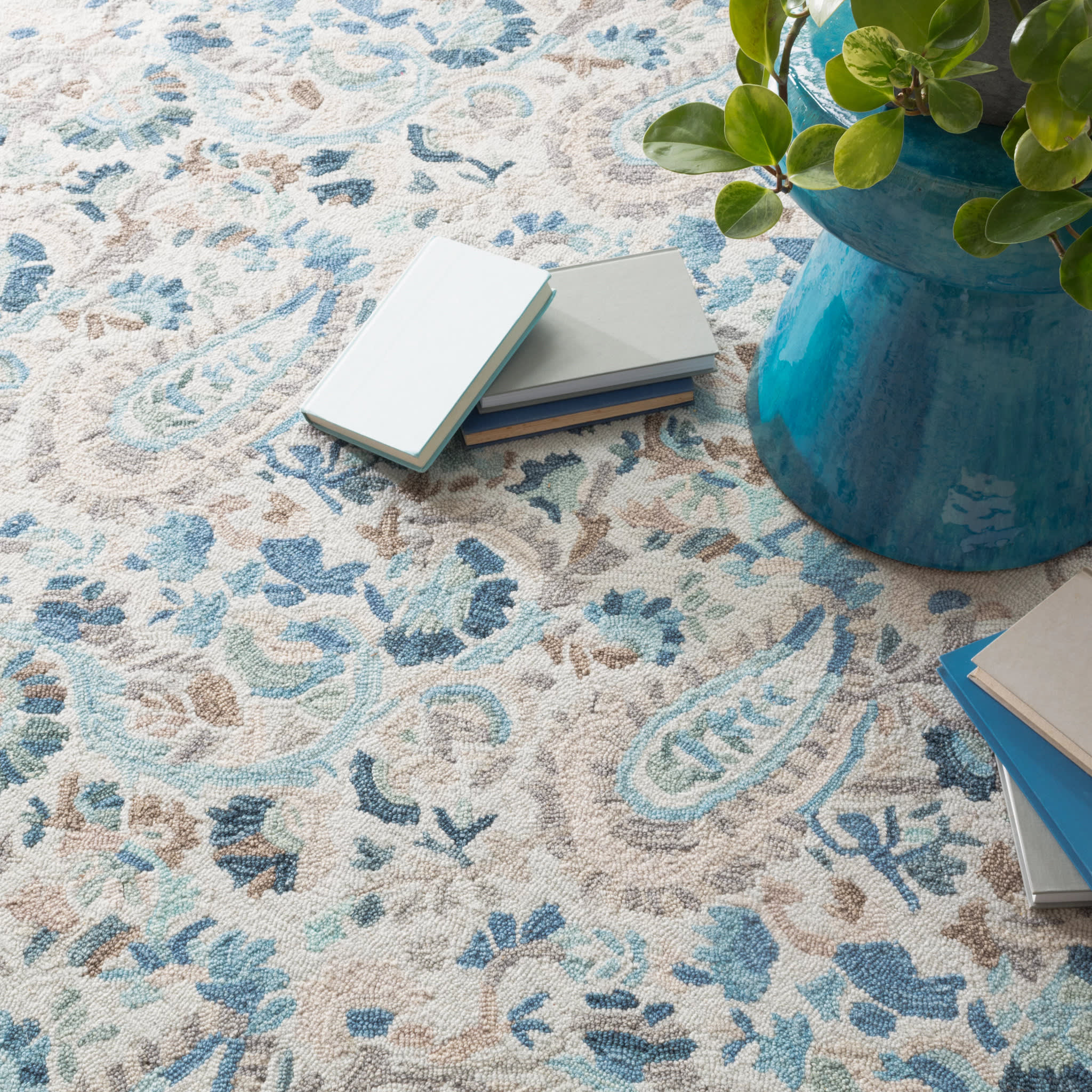 ines hand micro hooked wool rug | blue ines hand micro hooked wool rug | blue